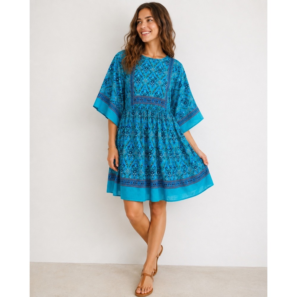 R.Vivimos Womens Boho Turquoise Paisley Floral Babydoll Mini Dress Size S 4/6